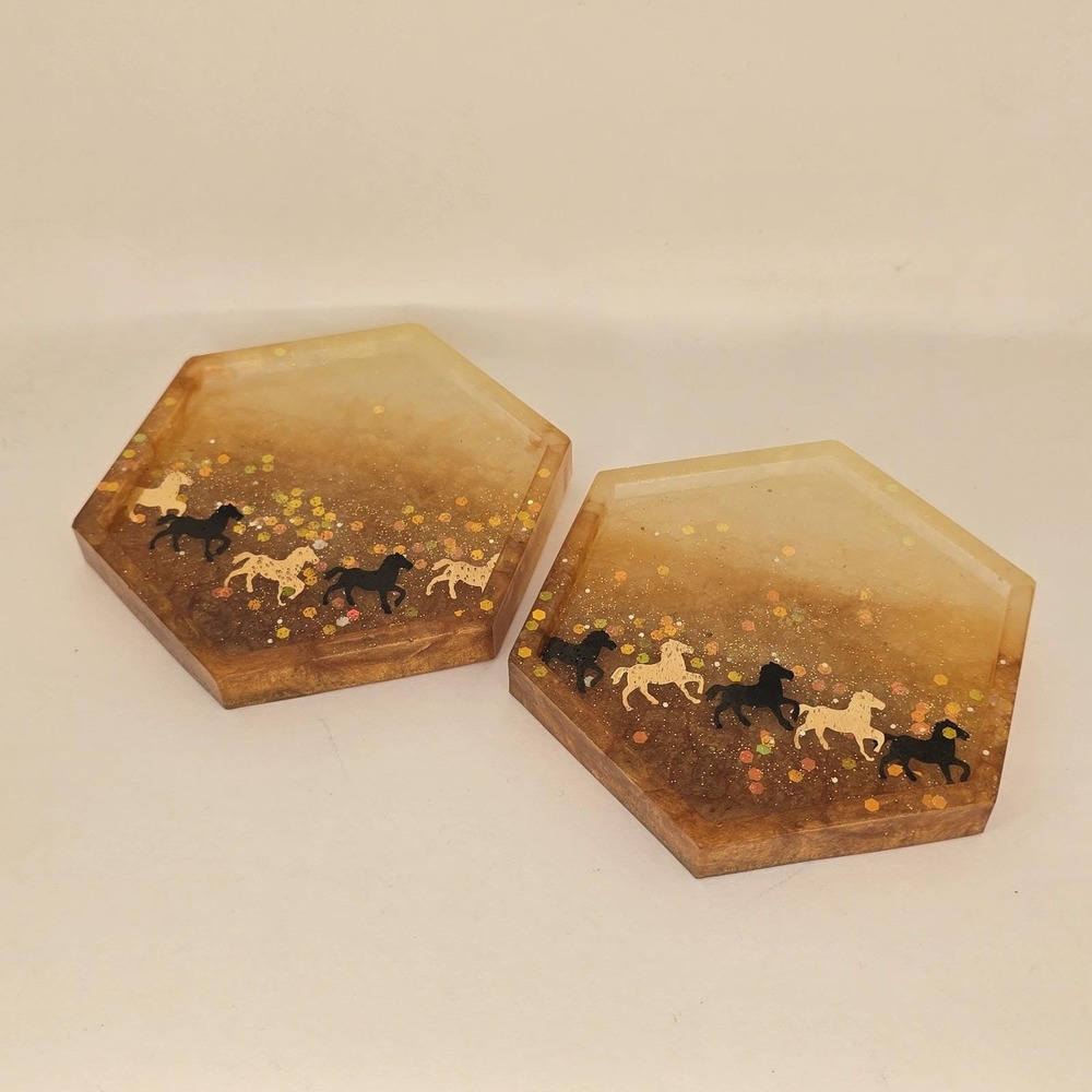Horses Hexagon w/ Pads Coaster Trinket Tray Set Glitter Gold Ombre Amber Brown - Picture 6 of 12